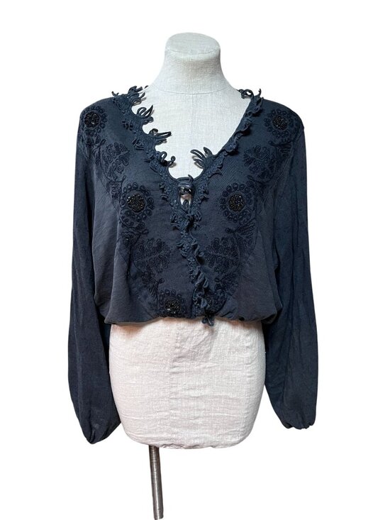 Free People Tops - Free People Black Embroidered Long Sleeve V-Neck Blouse XS Cotton Boho Style